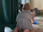 Baby Laughs and Chases Pet Cat Across Room