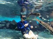 Woman Feeds Small Fishes to Eels Underwater