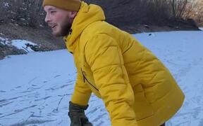 Guy Acting Cocky While Skating On Frozen River - Sports - VIDEOTIME.COM