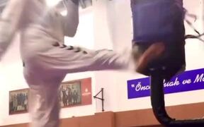 Taekwondo Champion Kicks Punching Bag Speedily