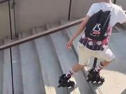 Guy Takes Shortcut by Rollerblading Through Stair