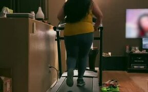 Girl Running on Treadmill Falls While Getting Down