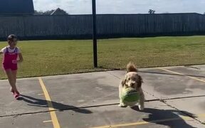 Little Girl Practices Basketball With Dog