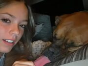 Girl Shows Long Tongue of Her Sleeping Dog