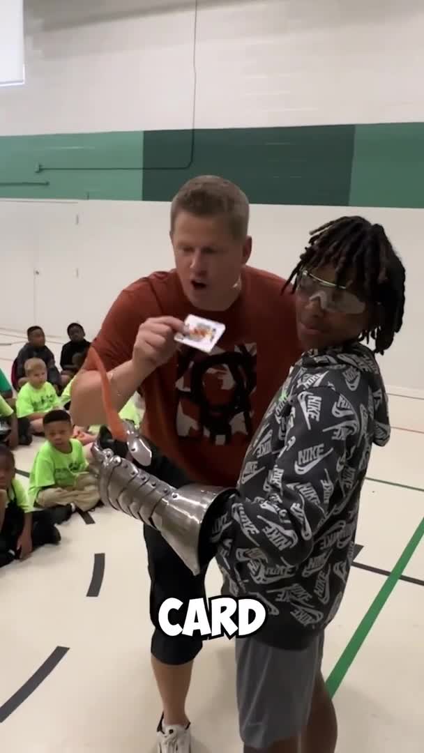 Man Throws Card and Slices Carrot Held by Kid