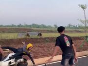 Uncontrolled Motorcycle Hits Scooter